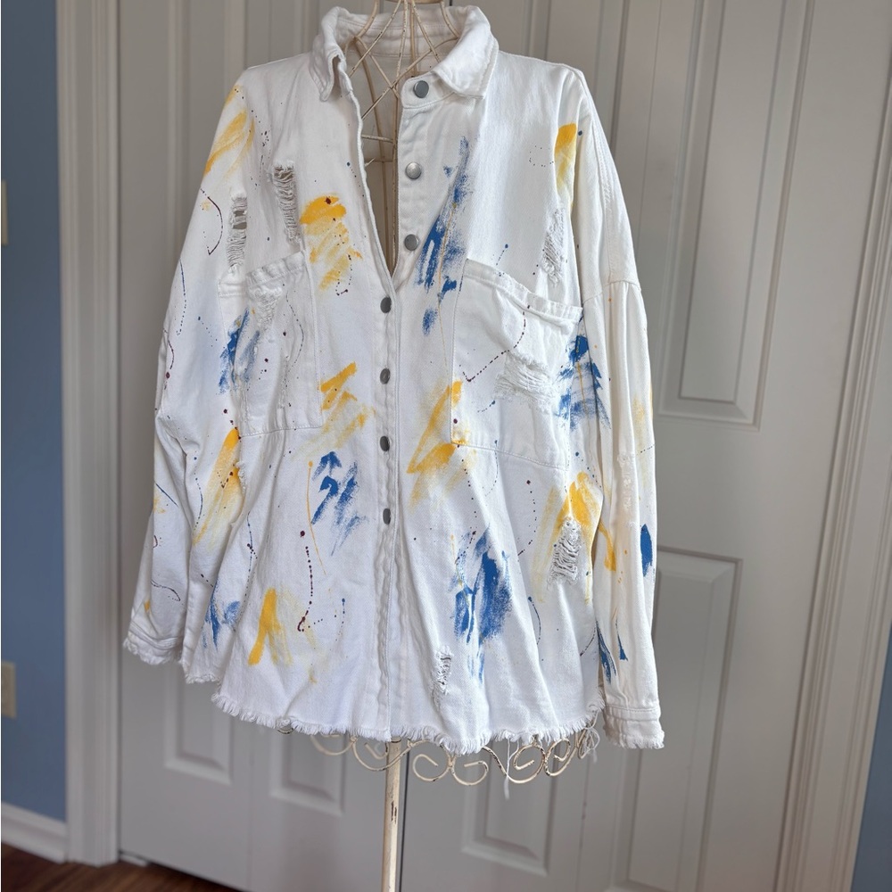 POL White Jean Jacket with Blue and Yellow Accents